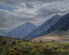 Uplifted - Eastern Sierra oil painting Owens Valley dramatic mountains sun rays California impressionist fine art for sale SOLD